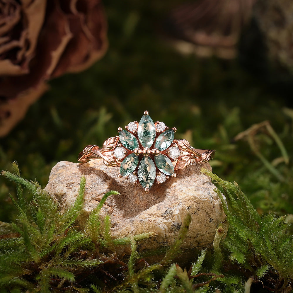 Nature Inspired Marquise Shaped Moss Agate with Moissanite Leafy Ring - Iver Jewelry