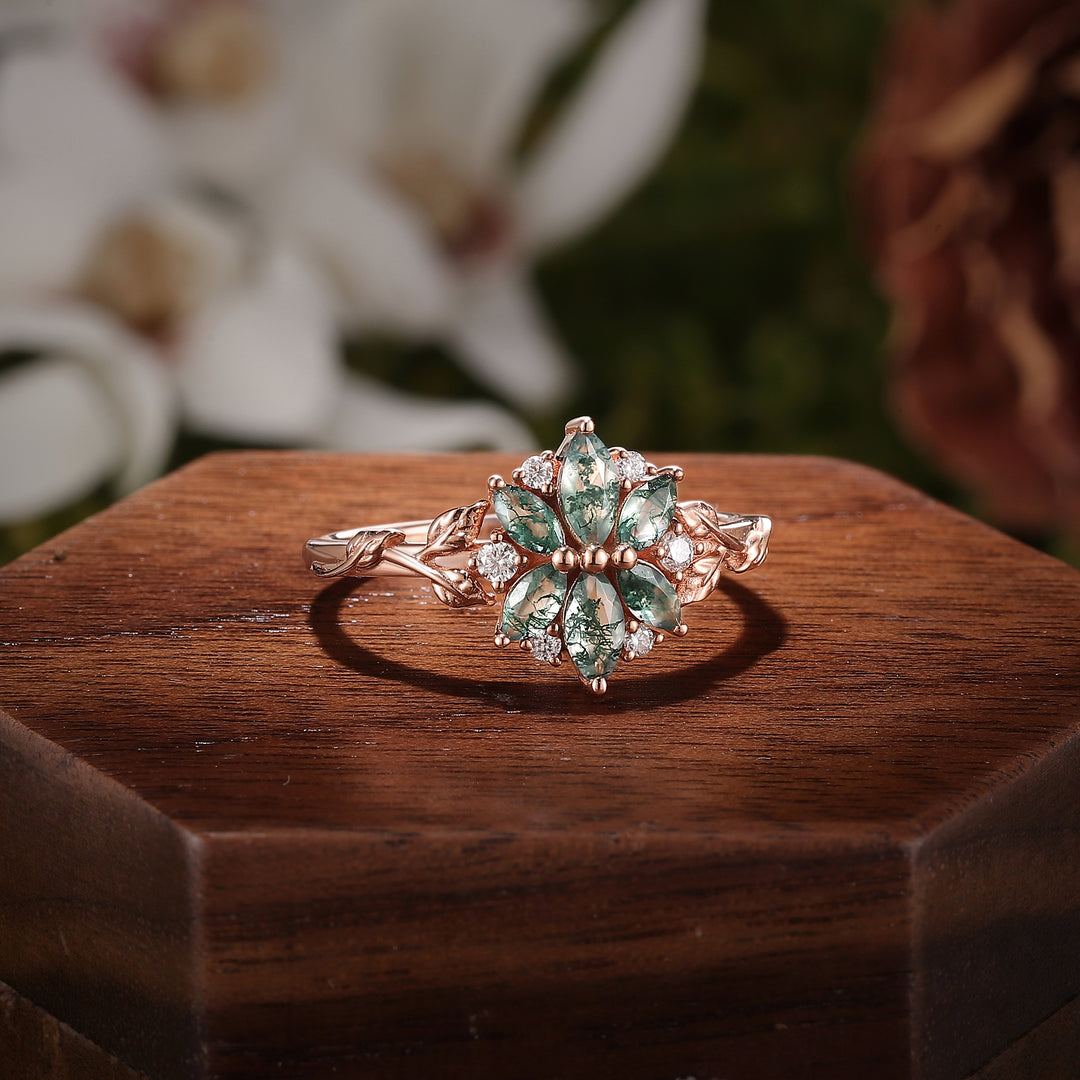 Nature Inspired Marquise Shaped Moss Agate with Moissanite Leafy Ring - Iver Jewelry