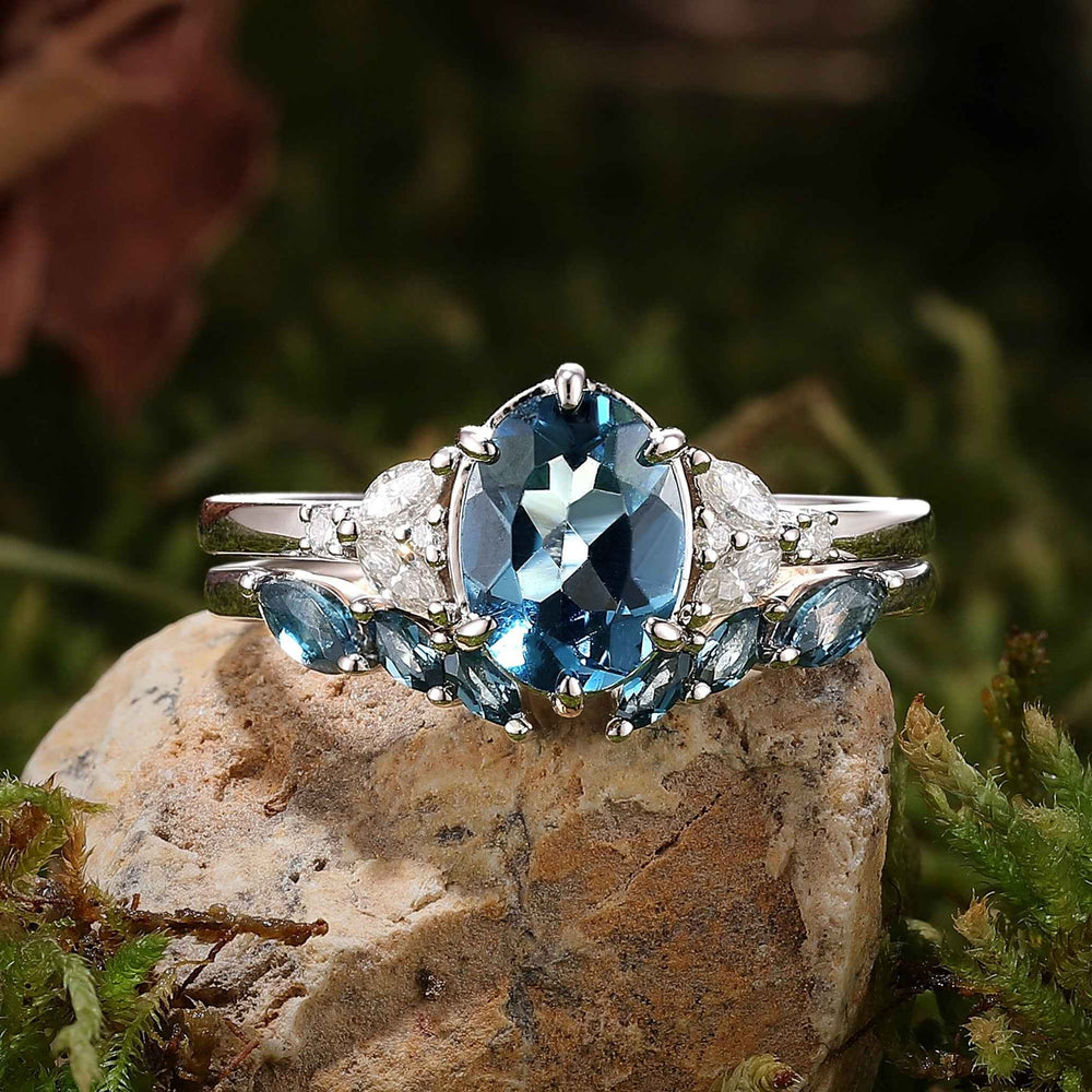 Cluster Oval London Blue Topaz Gemstone Ring Set 2pcs