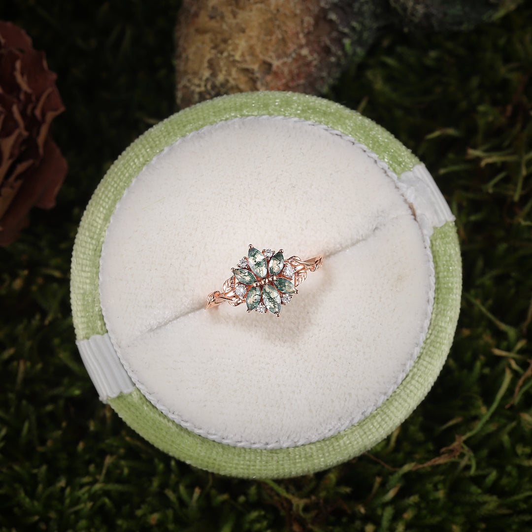Nature Inspired Marquise Shaped Moss Agate with Moissanite Leafy Ring - Iver Jewelry