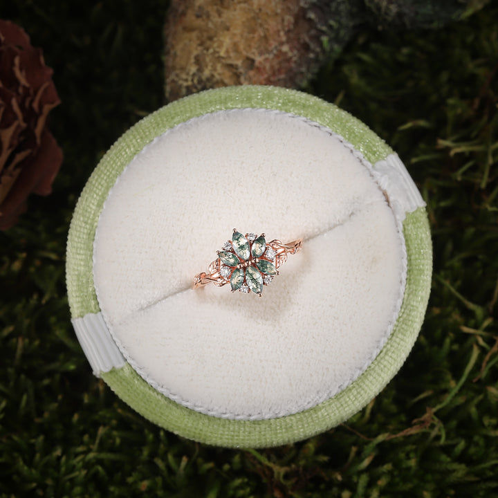 Nature Inspired Marquise Shaped Moss Agate with Moissanite Leafy Ring - Iver Jewelry