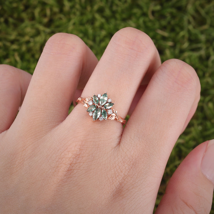 Nature Inspired Marquise Shaped Moss Agate with Moissanite Leafy Ring - Iver Jewelry