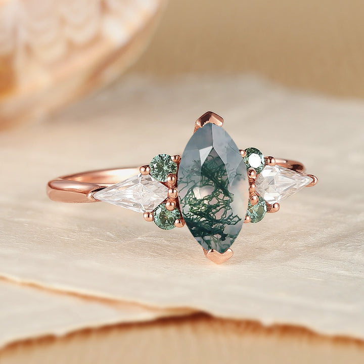 Cluster Marquise Cut Moss agate Seven Gemstone Ring - Iver Jewelry
