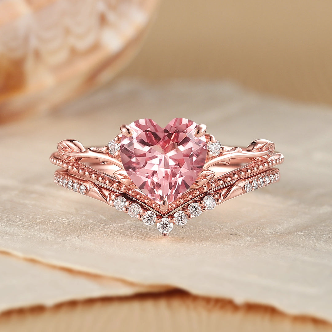 Nature Insipred Lab Padparadscha Leaf Vine Engagement Ring Set 2pcs - Iver Jewelry