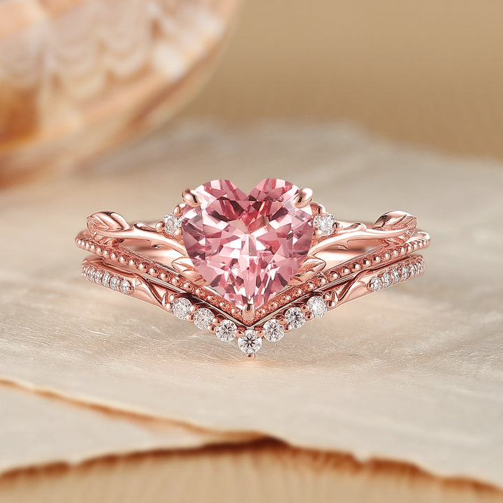 Nature Insipred Lab Padparadscha Leaf Vine Engagement Ring Set 2pcs - Iver Jewelry