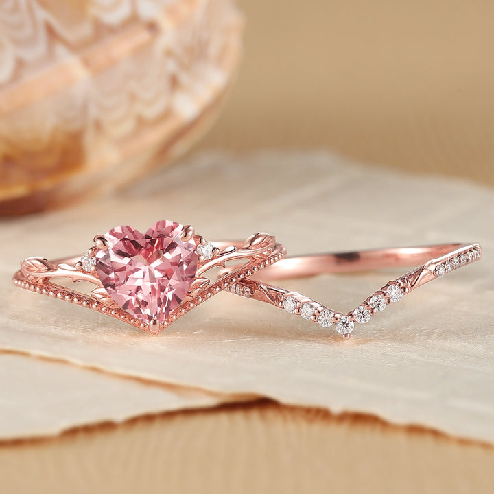 Nature Insipred Lab Padparadscha Leaf Vine Engagement Ring Set 2pcs - Iver Jewelry