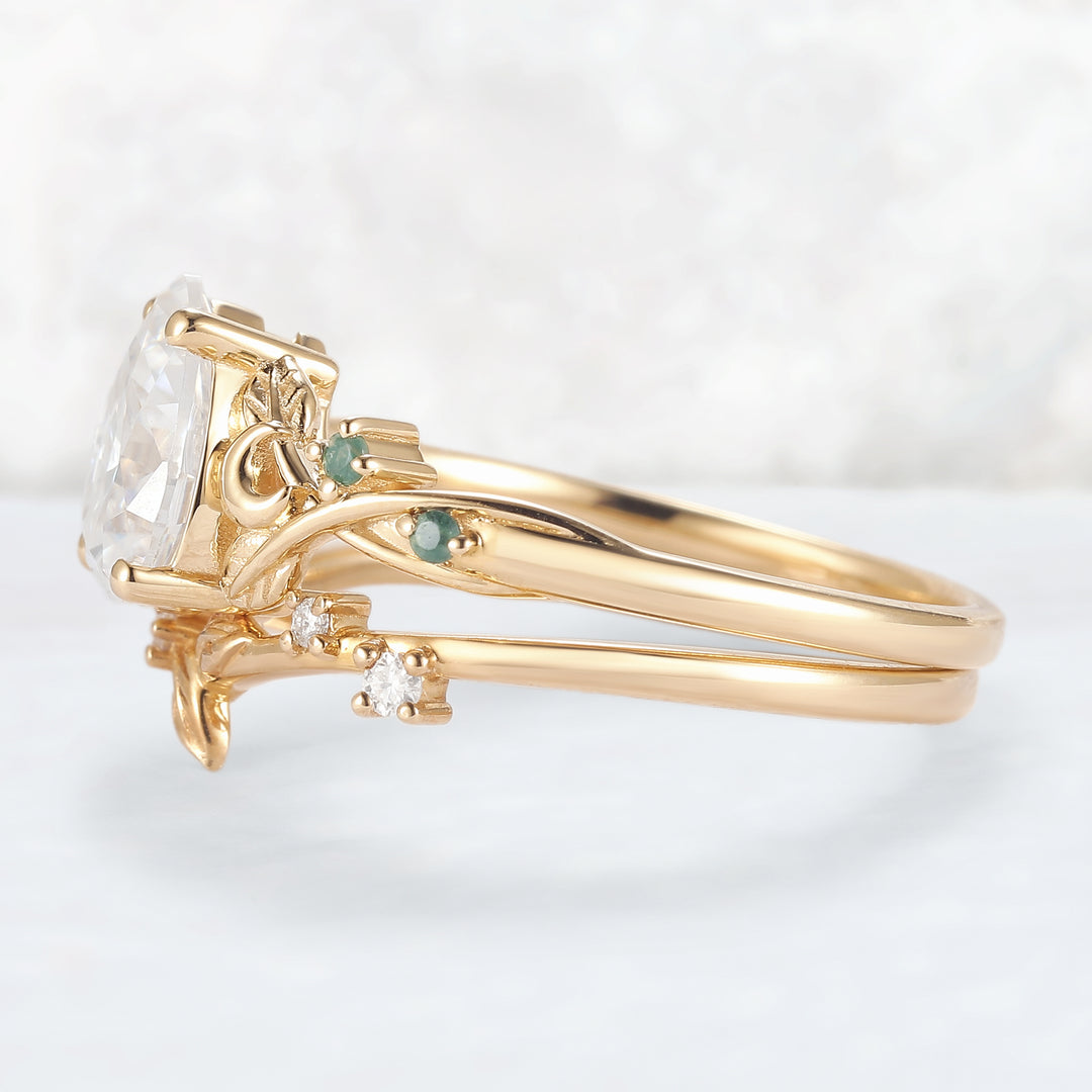 Nature Inspired Pear Cut Moissanite Moon Gemstone Ring Set 2pcs