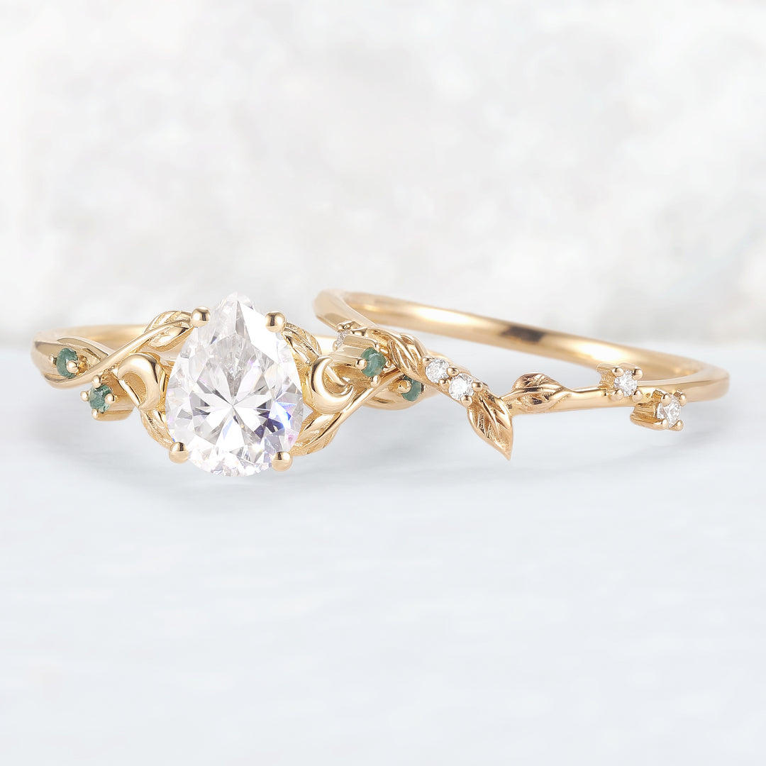 Nature Inspired Pear Cut Moissanite Moon Gemstone Ring Set 2pcs
