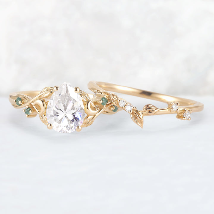 Nature Inspired Pear Cut Moissanite Moon Gemstone Ring Set 2pcs