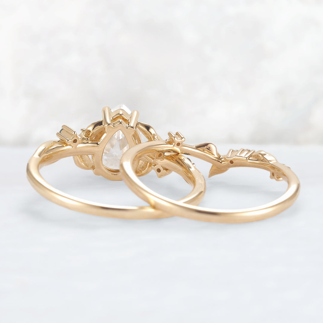 Nature Inspired Pear Cut Moissanite Moon Gemstone Ring Set 2pcs