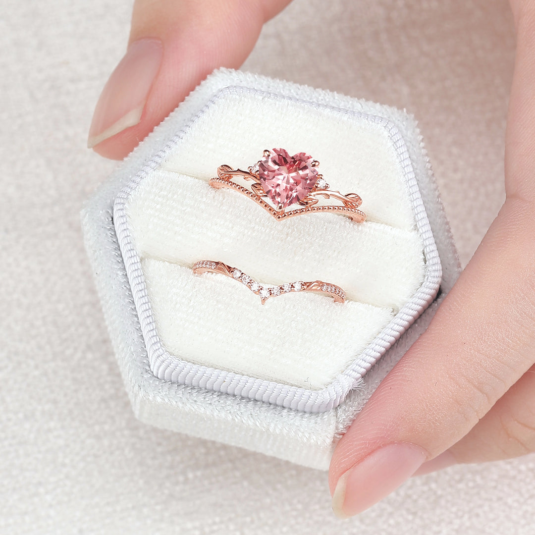 Nature Insipred Lab Padparadscha Leaf Vine Engagement Ring Set 2pcs - Iver Jewelry