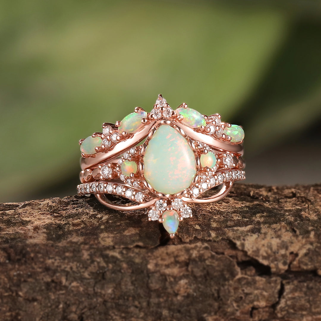 Nature Pear Cut Opal Vine Handmade Gemstone Ring Set 3pcs