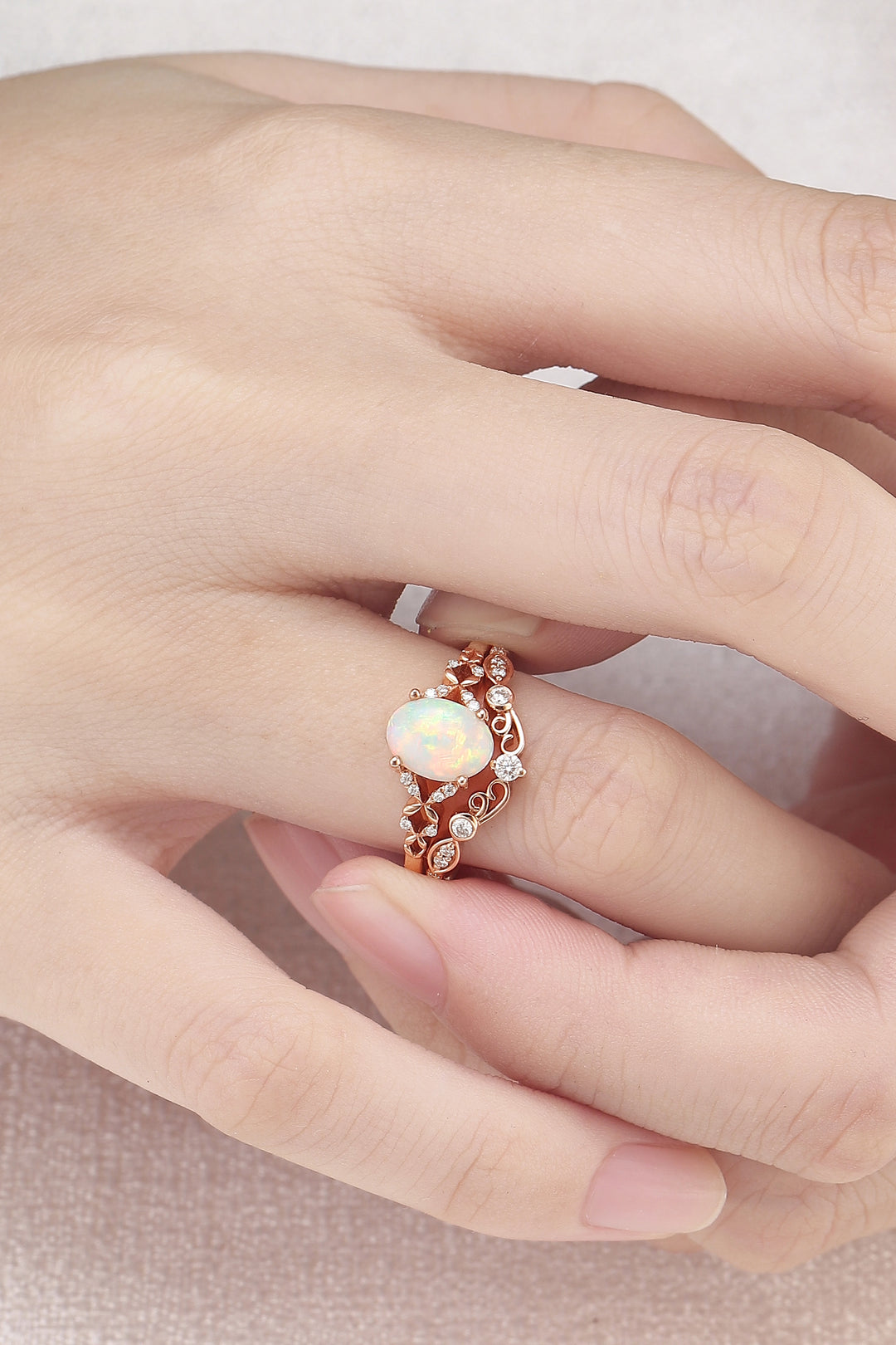 Nature Inspired Oval Natural Opal Ring Set 2pcs