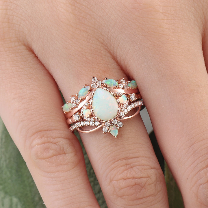 Nature Pear Cut Opal Vine Handmade Gemstone Ring Set 3pcs