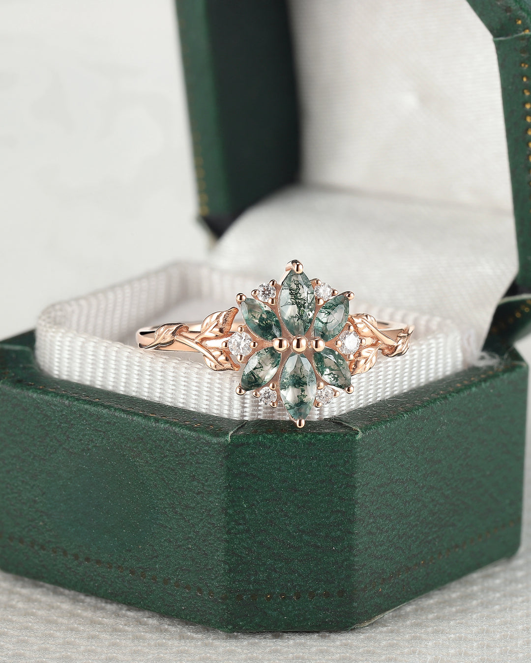 Nature Inspired Marquise Shaped Moss Agate with Moissanite Leafy Ring