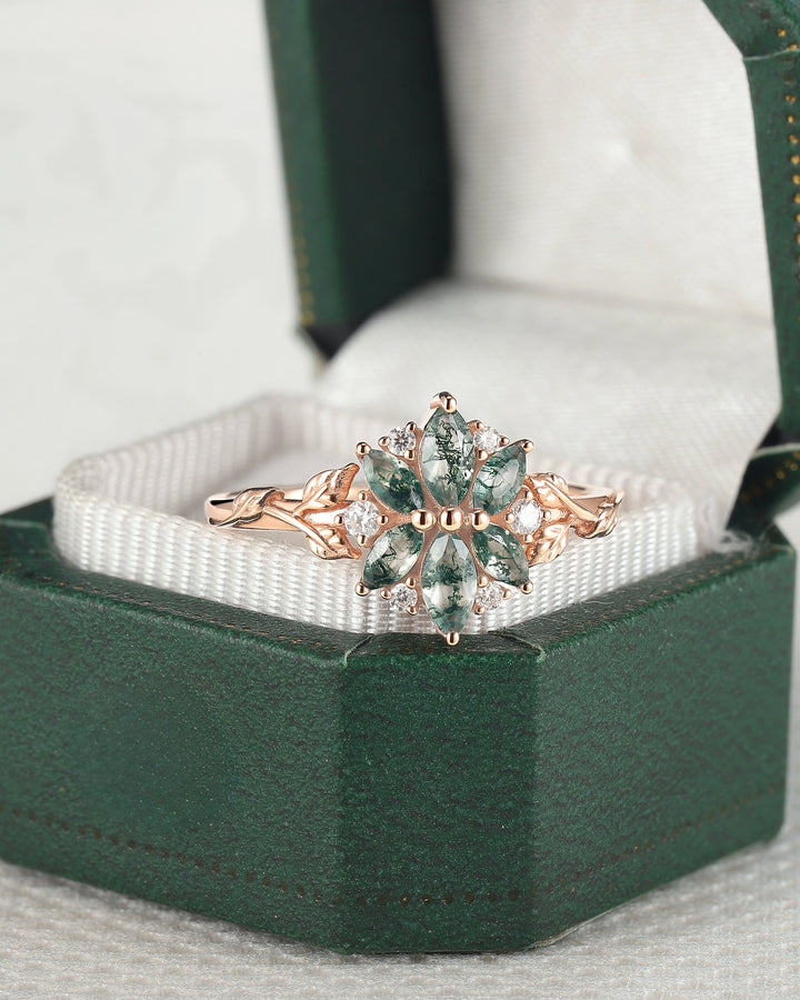 Nature Inspired Marquise Shaped Moss Agate with Moissanite Leafy Ring
