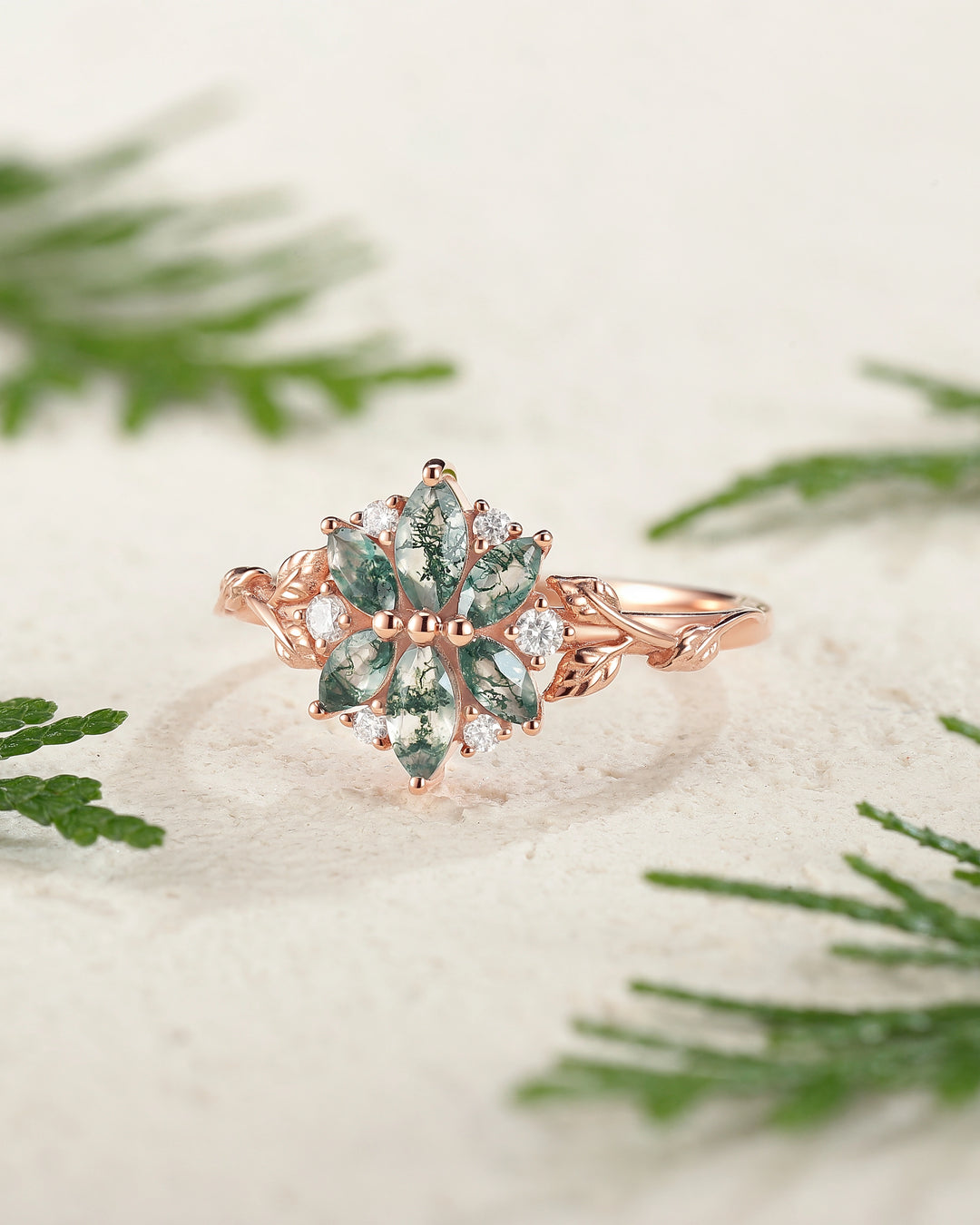 Nature Inspired Marquise Shaped Moss Agate with Moissanite Leafy Ring