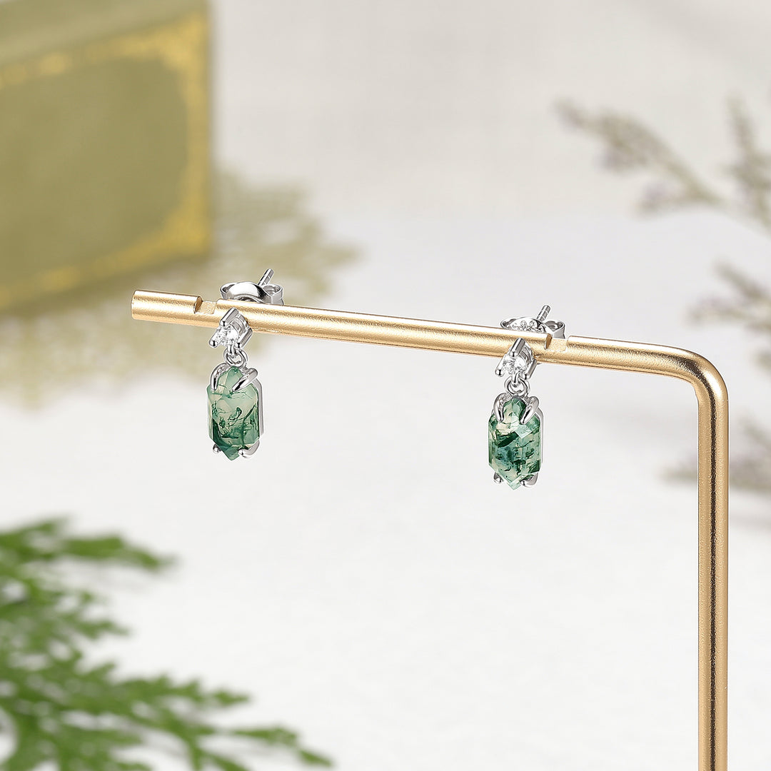 Hexagon Cut Moss Agate Earrings Anniversary Gift for Her