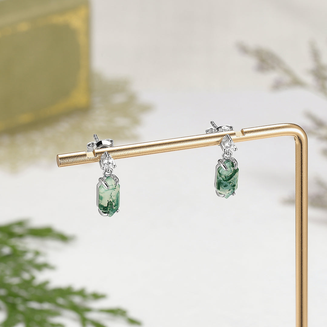 Hexagon Cut Moss Agate Earrings Anniversary Gift for Her