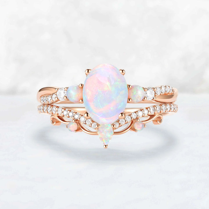 Unique Oval Cut Natural Opal Engagement Ring Set 2pcs
