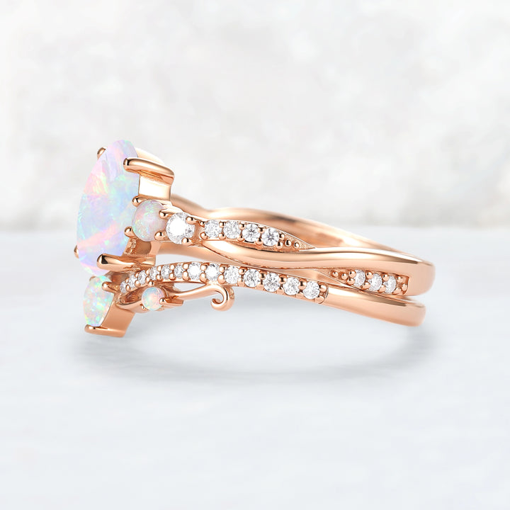 Unique Oval Cut Natural Opal Engagement Ring Set 2pcs