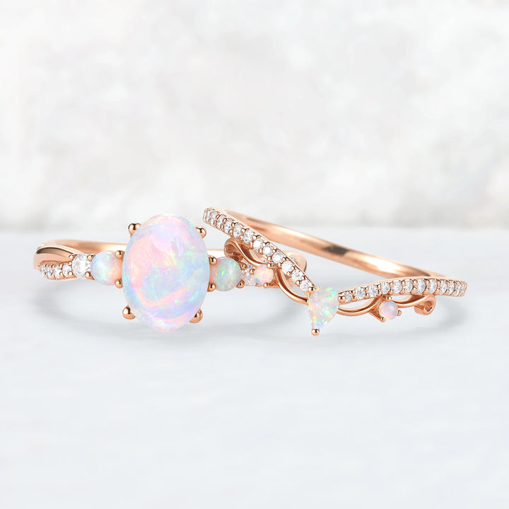 Unique Oval Cut Natural Opal Engagement Ring Set 2pcs