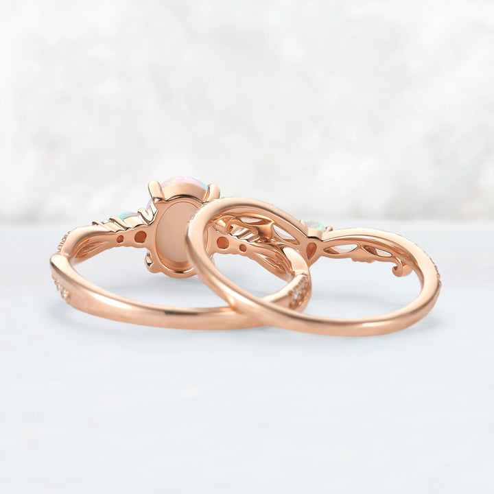 Unique Oval Cut Natural Opal Engagement Ring Set 2pcs