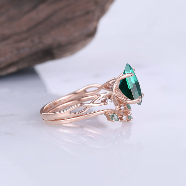 Unique Kite Cut Emerald Leaf and Vine Engagement Ring Set 2pcs