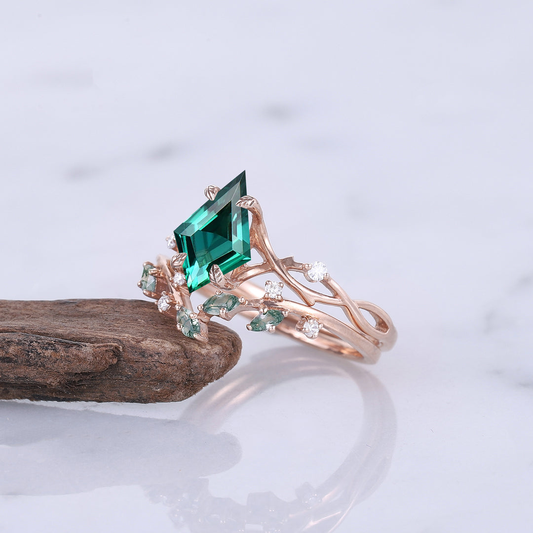 Unique Kite Cut Emerald Leaf and Vine Engagement Ring Set 2pcs