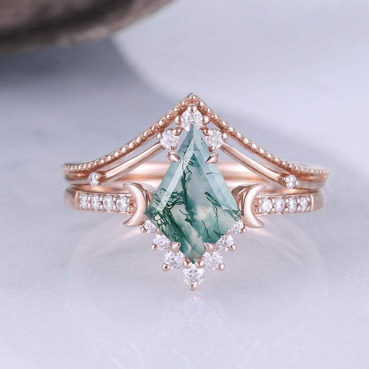 Unique kite Cut Moss Agate Moon Engagement Ring Set 2pcs