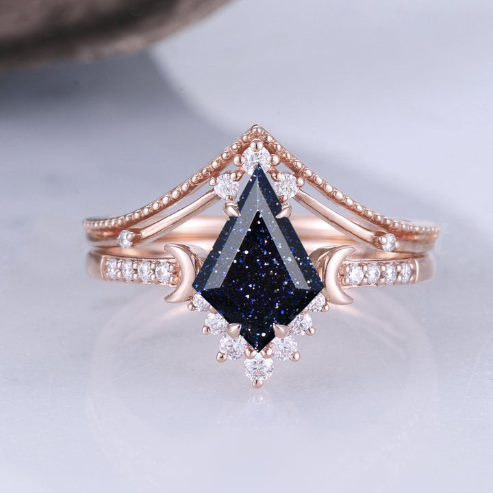 Unique kite Cut Blue Sandstone Moon Engagement Ring Set 2pcs