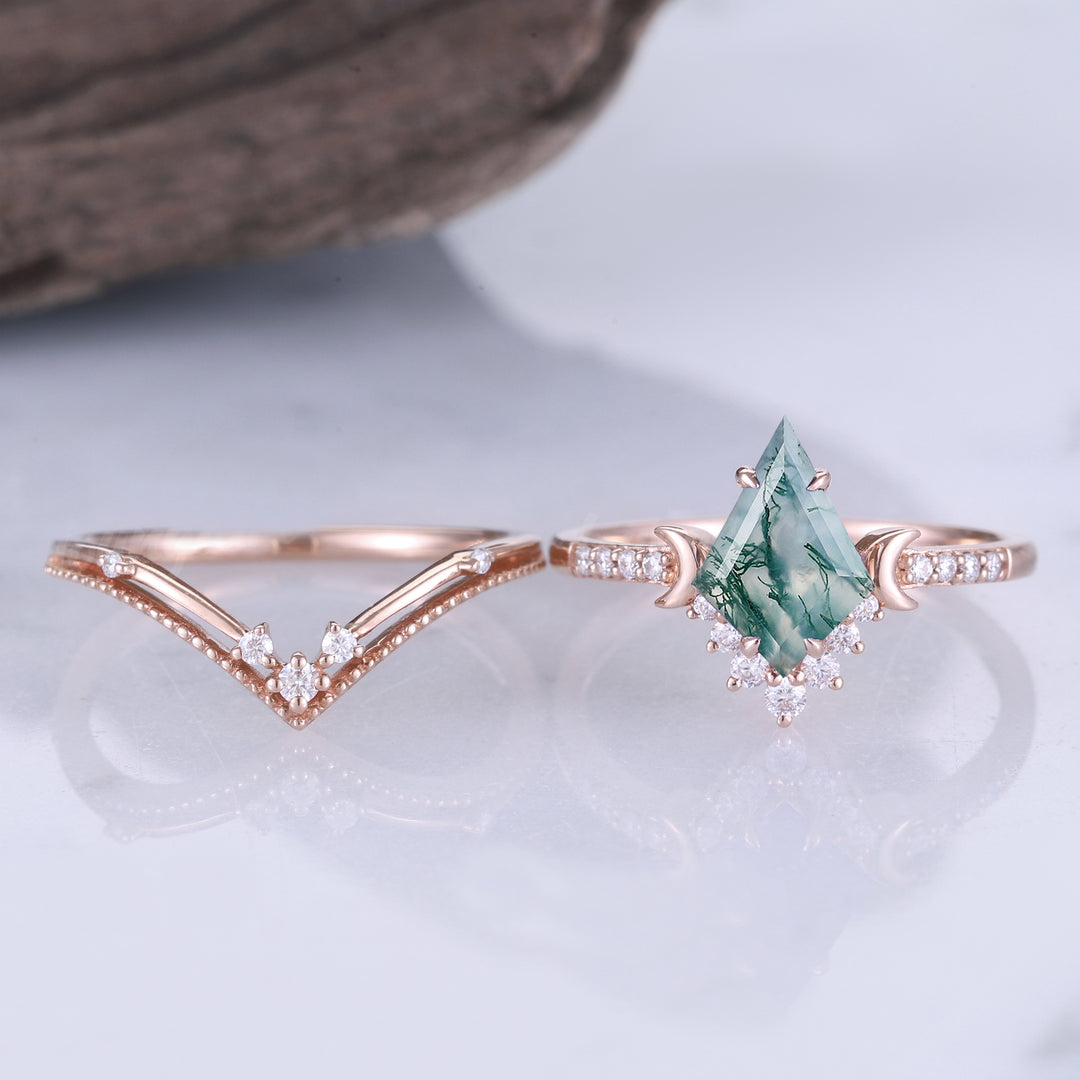 Unique kite Cut Moss Agate Moon Engagement Ring Set 2pcs