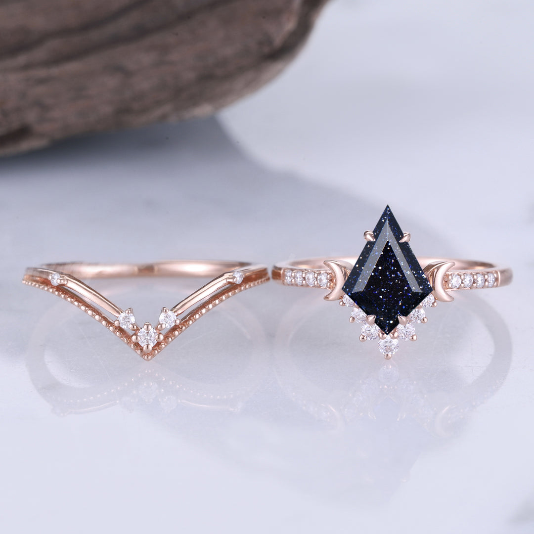 Unique kite Cut Blue Sandstone Moon Engagement Ring Set 2pcs