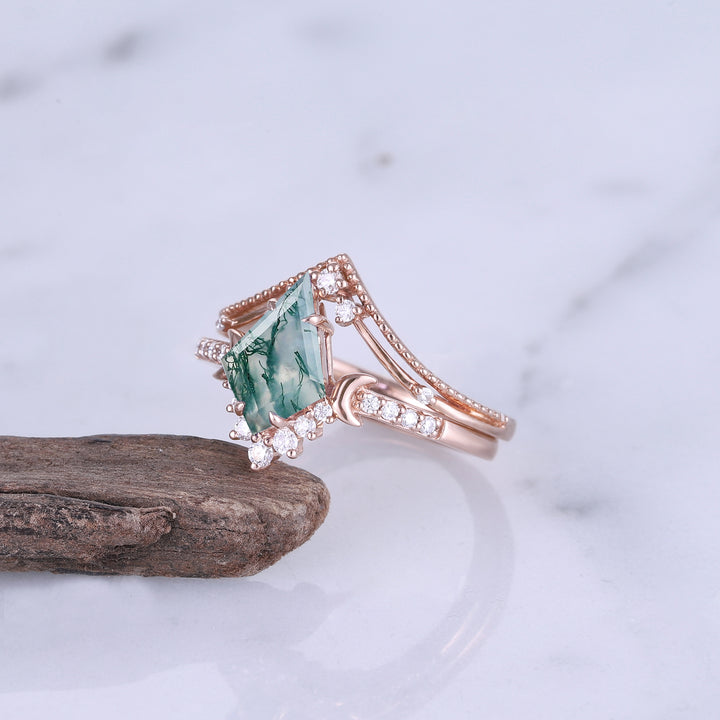 Unique kite Cut Moss Agate Moon Engagement Ring Set 2pcs