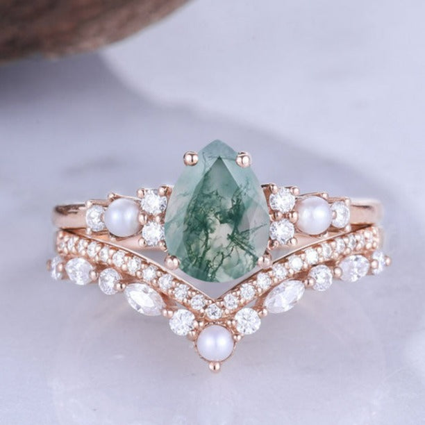 Moss Agate Cluster Engagement Ring Set 2pcs