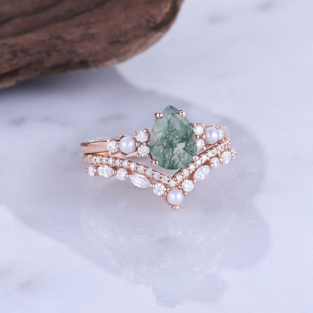 Moss Agate Cluster Engagement Ring Set 2pcs