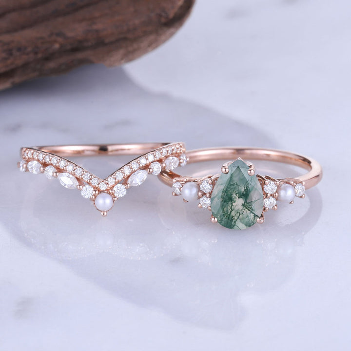 Moss Agate Cluster Engagement Ring Set 2pcs