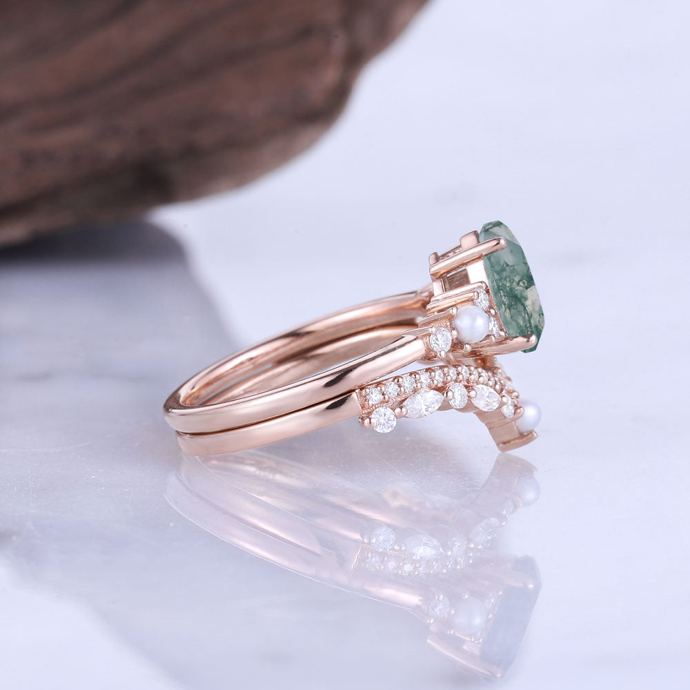 Moss Agate Cluster Engagement Ring Set 2pcs