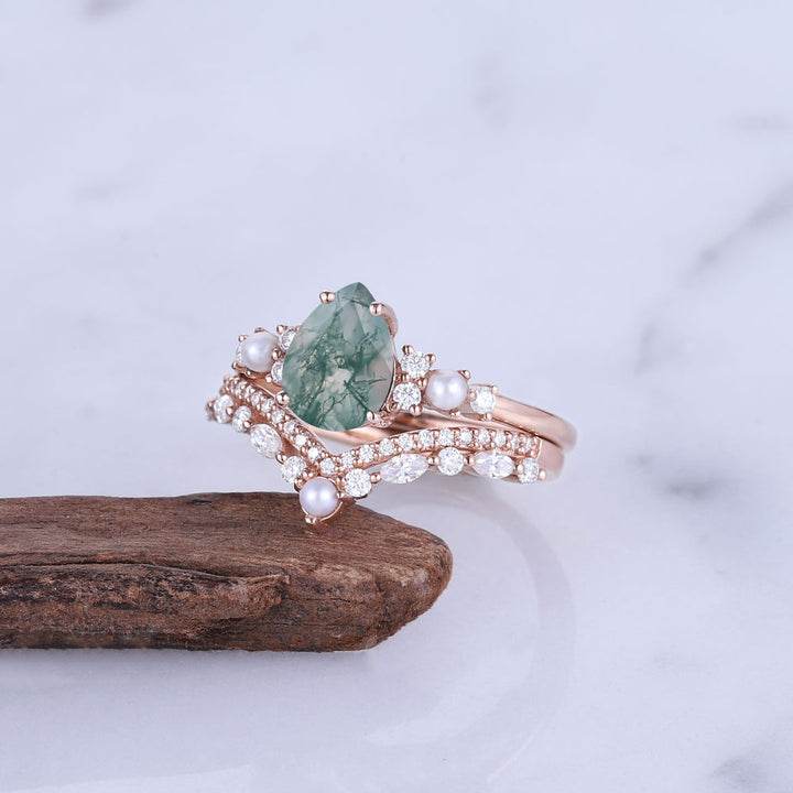 Moss Agate Cluster Engagement Ring Set 2pcs