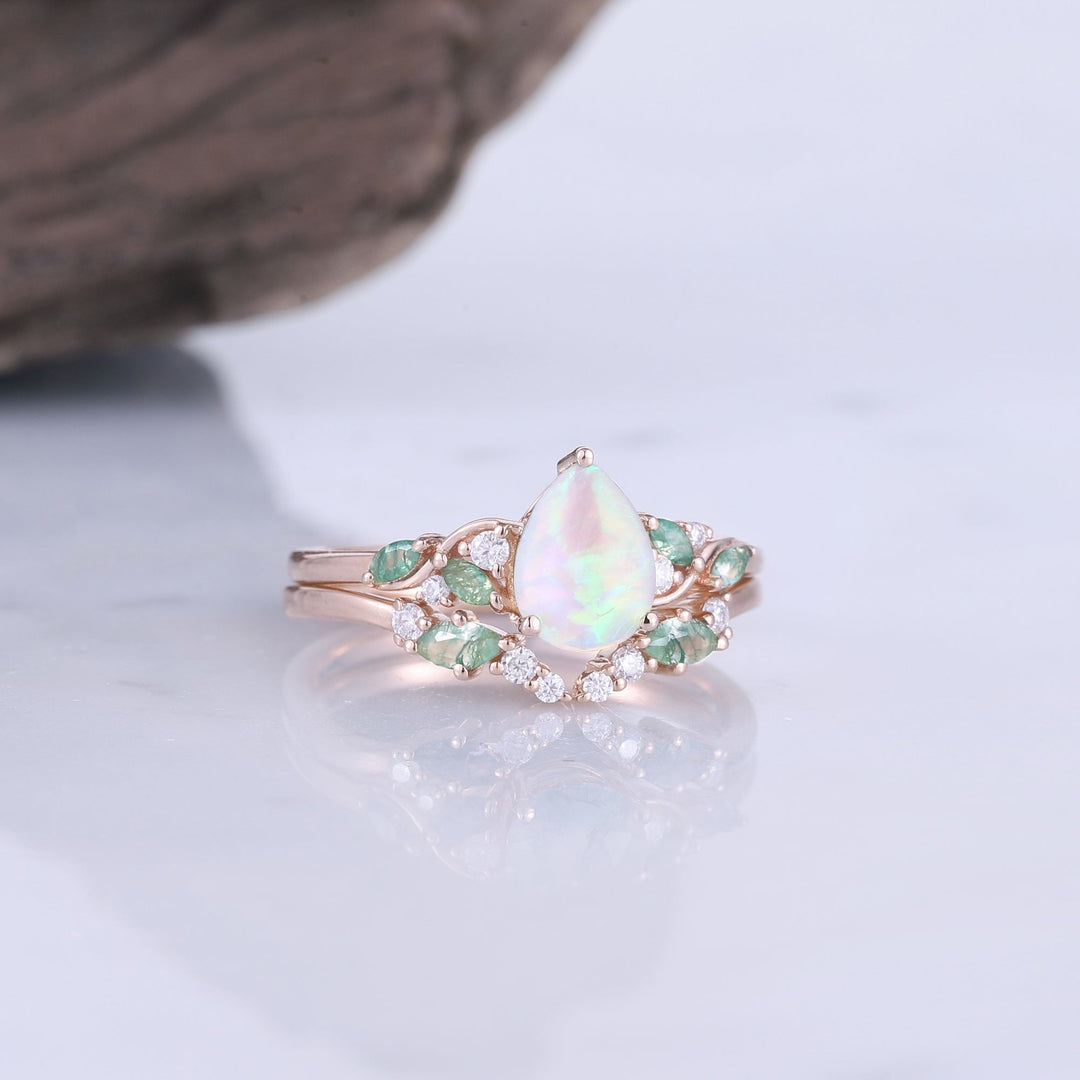 Nature Pear Shaped Opal Vine Engagement Ring 2pcs