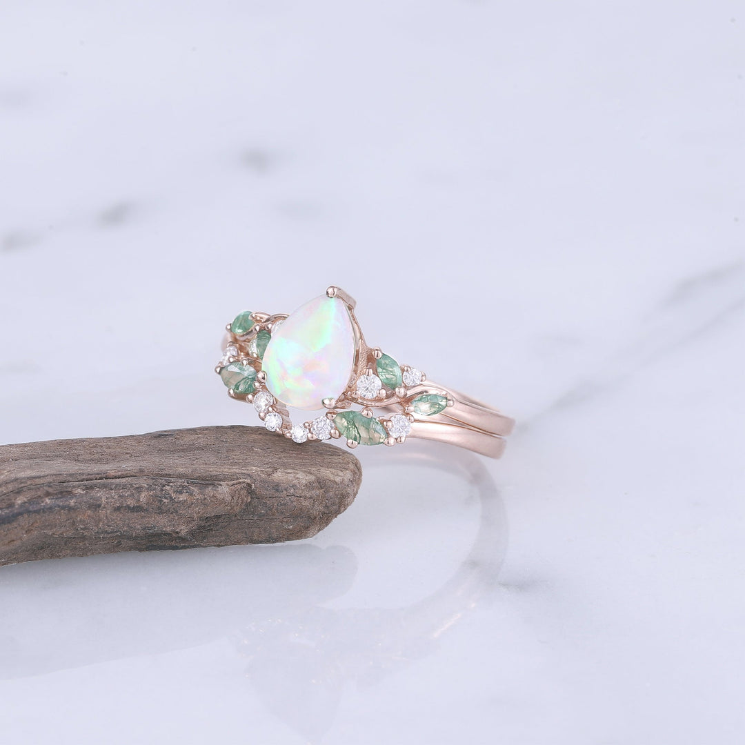 Nature Pear Shaped Opal Vine Engagement Ring 2pcs