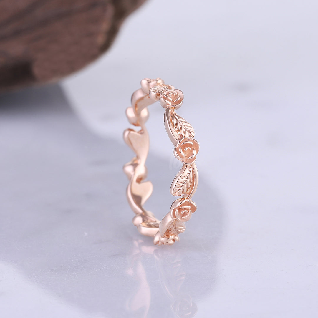 Straight Floral Shaped 14k Rose Gold Wedding Ring