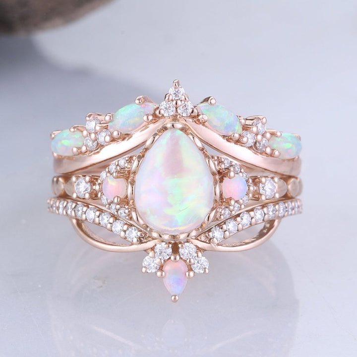 Nature Pear Cut Opal Vine Handmade Ring Set 3pcs