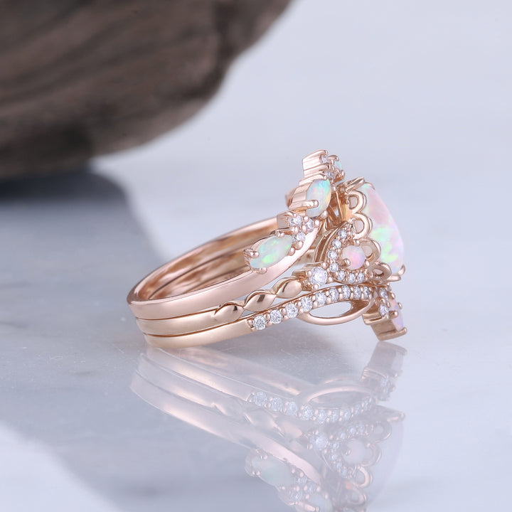 Nature Pear Cut Opal Vine Handmade Ring Set 3pcs