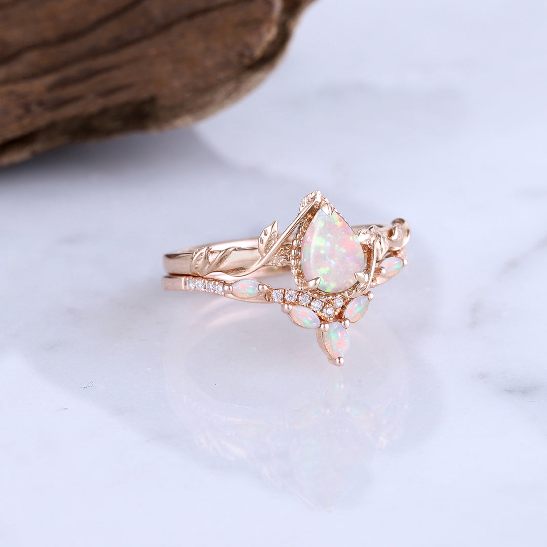 Nature Pear Shaped Opal Leaf Engagement Ring Set 2pcs