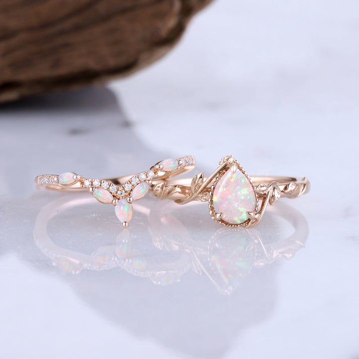 Nature Pear Shaped Opal Leaf Engagement Ring Set 2pcs