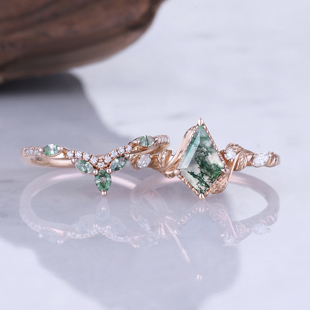 Nature Kite Cut Moss Agate Leaf Engagement Ring Set 2pcs