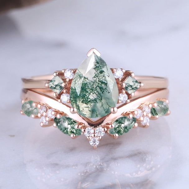 Unique Pear Cut Moss Agate Cluster Seven Stones Engagement Ring 2pcs