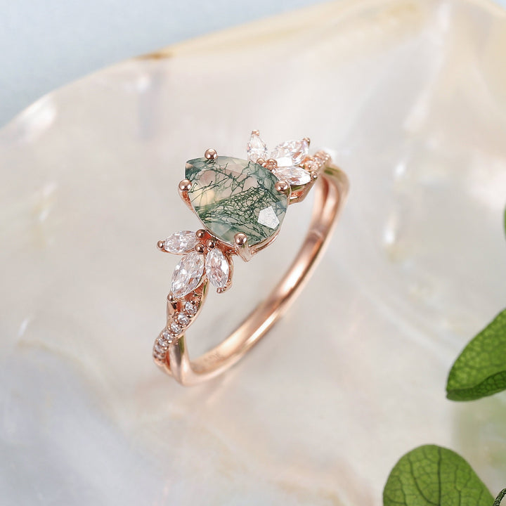 Unique Pear Shaped Moss Agate Vine Art Decor Bridal Ring