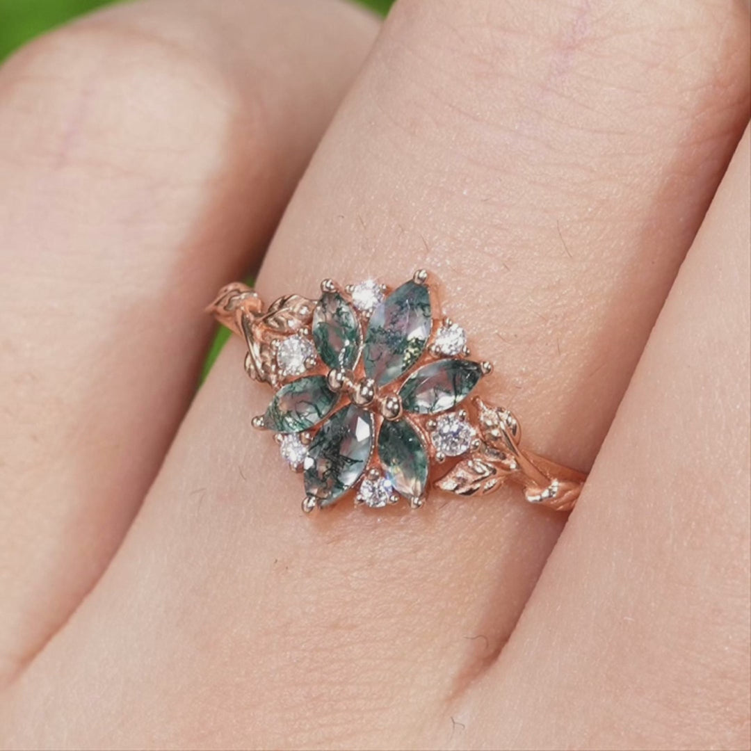 Nature Inspired Marquise Moss Agate Ring with Moissanite and Floral Leaf Design